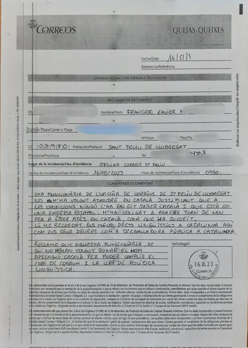 A <a href="/Correos/">Correos</a> <a href="/ajsantfeliu/">Ajuntament de Sant Feliu de Llobregat</a> tenen personal molt maco, però avui "tenemos chica nueva en la oficina". No he pogut fer un <a href="/mantincelcatala/">Mantinc el Català</a> amb ella i amb aires de superioritat m'ha obligat a demanar tanda de nou i perdre el temps. Aquí va bonica! I espera <a href="/consumcat/">Consum</a> i <a href="/llenguacat/">Plataforma per la Llengua</a>.