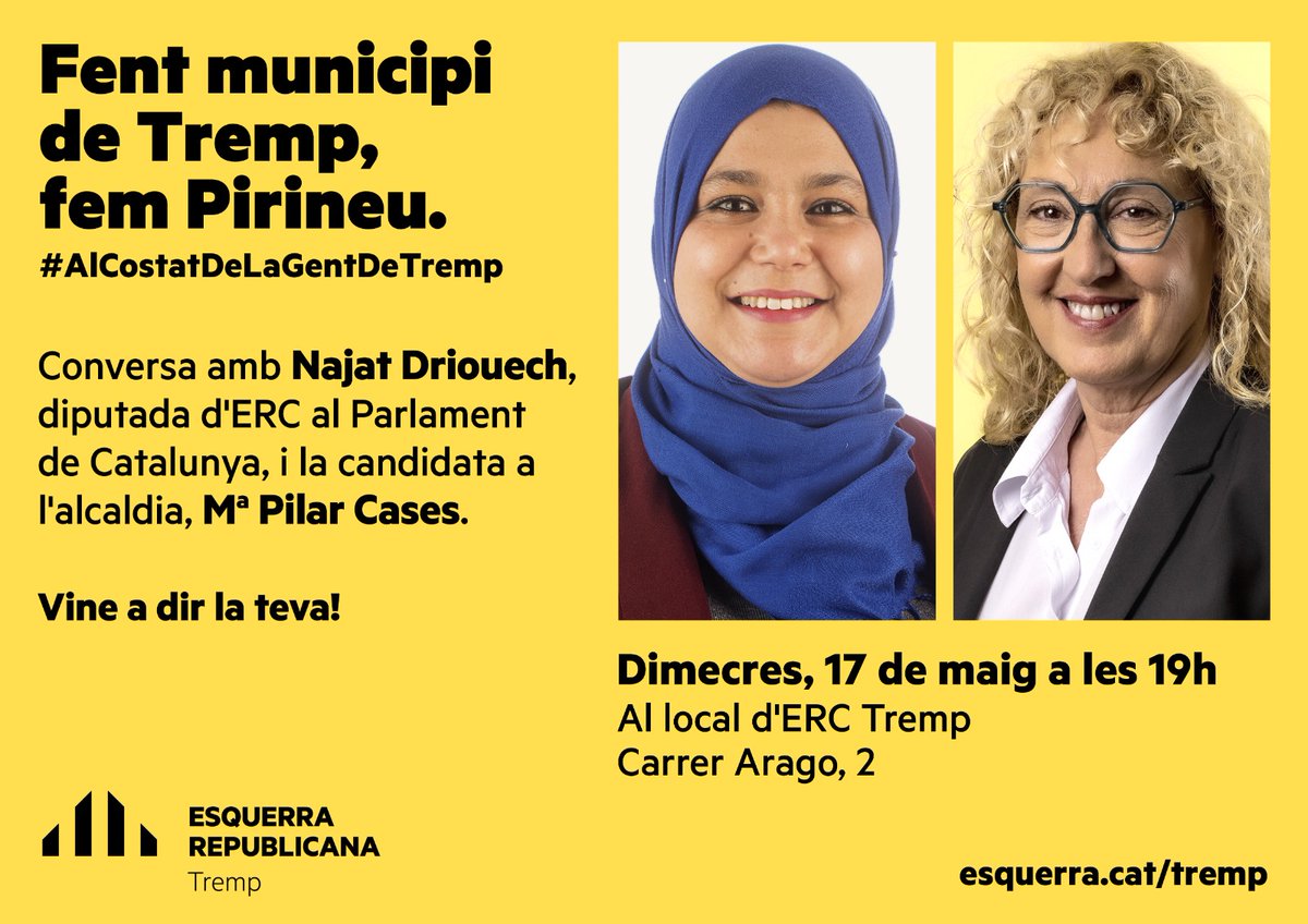 Demà a les 19 h us convidem a assistir a la trobada amb la <a href="/najat_driouech/">Najat Driouech Ben Moussa</a> i la candidatura d'ERCTremp per conversar i debatre temàtiques socials quotidianes que afecten a tothom 🤝

Veniu a dir la vostra! 🗣️

📆 Dimecres, 17 de maig
🕐 19 h
📍 Local d'ERCTremp (C/ Aragó, 2)