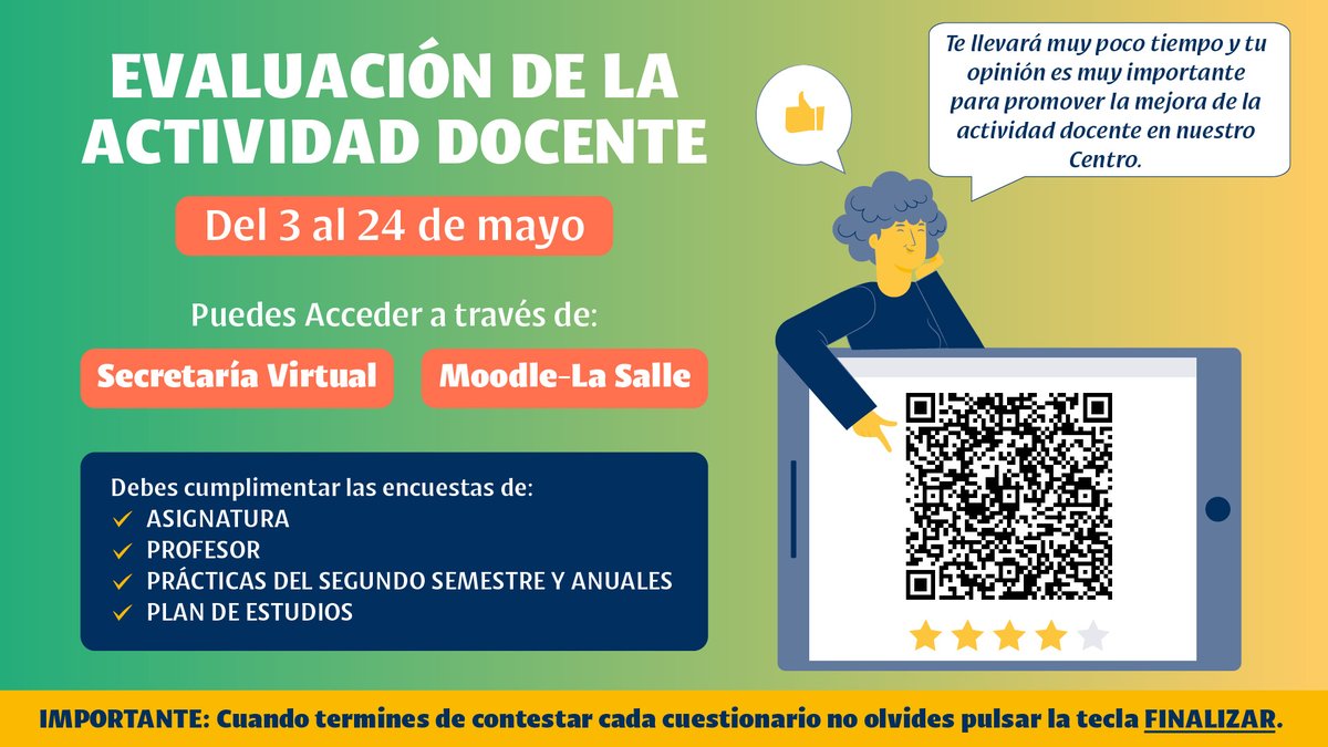 📢📝👨‍🏫 ¡Atención! ¿Quieres mejorar la calidad de tu enseñanza en La Salle? ¡Tu opinión cuenta! 🤔👍👎 Encuentra las encuestas de evaluación docente en la Secretaría Virtual y en Moodle hasta el 24 de mayo. ¡Exprésate y ayúdanos a mejorar! 💪🎓
#JuntosMejor