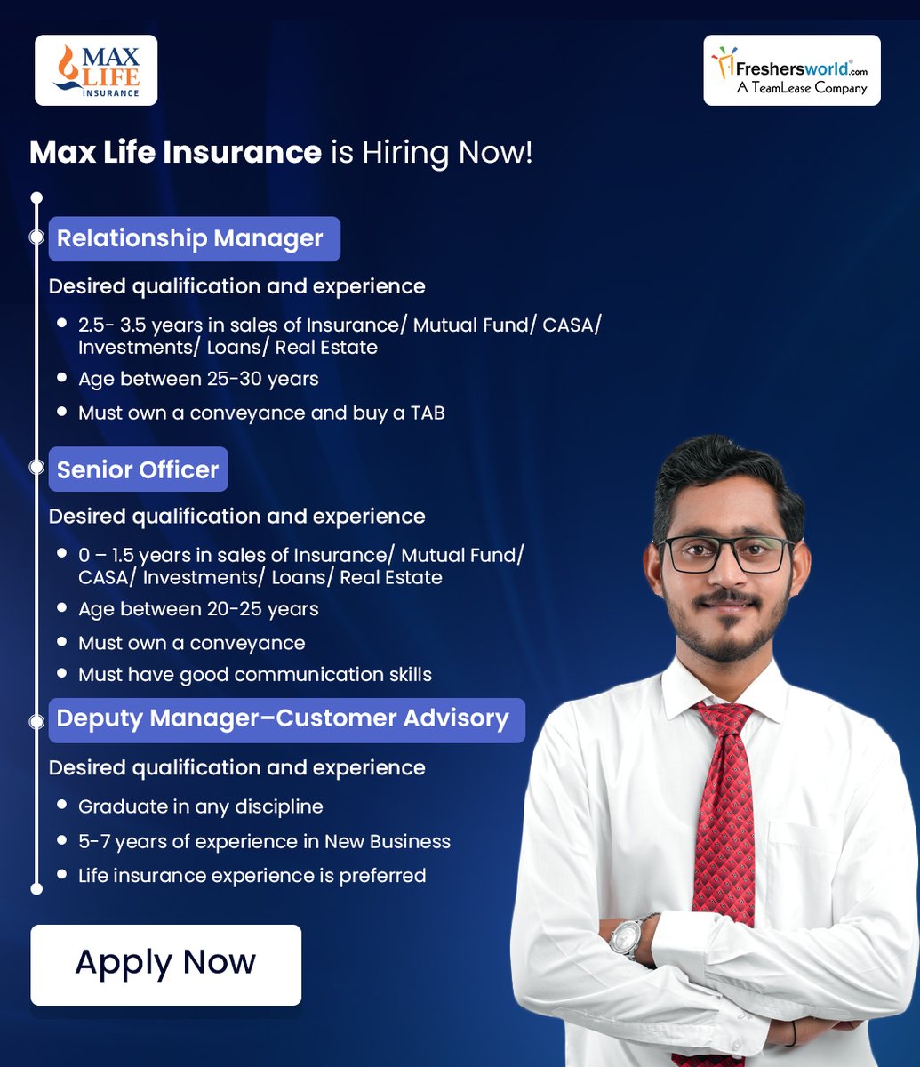 Max Life Insurance is hiring for the role of Relationship Manager/ Senior Officer/ Deputy Manager-Customer Advisory

Apply Now: forms.gle/8t9SvSjd8ywJLv…

#relationshipmanager #seniorofficer #dm #anygraduate #maxlifeinsurance #freshersworld #hiring  #deputymanager #customeradvisory