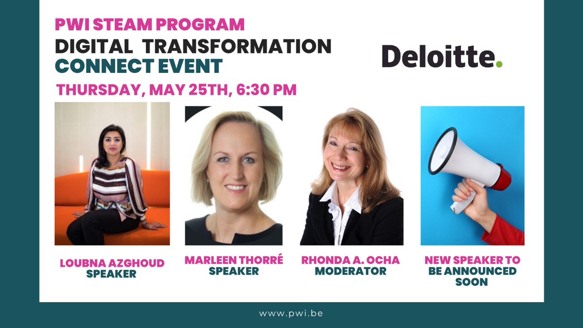 🌟 LAST CALL. Take the chance and register for our upcoming event. ➡ PWI STEAM Program is proud to partner with Deloitte for the upcoming Digital Transformation Connect Event on Thursday, May 25th, from 6.30 PM. 
🆙 Register now to secure your spot: pwi.be/event-5217752
