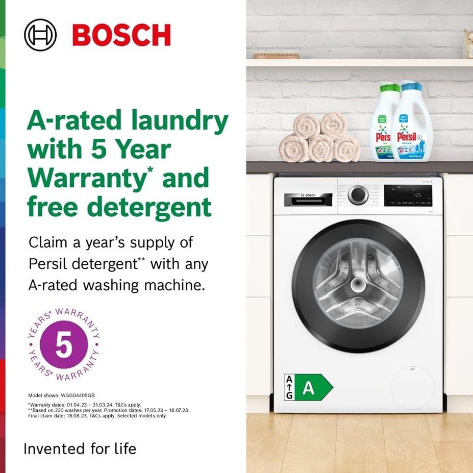 Bosch A-rated washing machines with 5 year warranty* 

yeomanselectrical.co.uk/bosch-wan28250…

As well as using less energy, you can claim a year’s supply of Persil detergent** with any Bosch A-energy rated washing machine purchased between 17th May and 18th July 2023.
