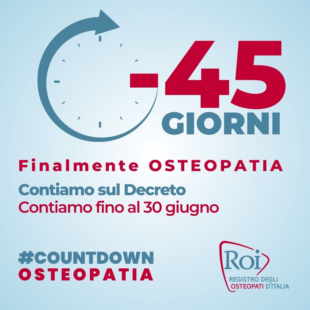 #COUNTDOWNOSTEOPATIA Verso il 30 giugno, data che concluderà l'iter della legge che istituisce la nostra professione. 
⏰ -45 giorni al Decreto
<a href="/mur_gov_/">Ministero dell'Università e della Ricerca</a>
<a href="/BerniniAM/">Anna Maria Bernini 🇮🇹</a>
<a href="/MinisteroSalute/">Ministero della Salute</a>
<a href="/marcellogemmato/">Marcello Gemmato 🇮🇹</a>
#osteopatia #osteopati #osteopatiaprofessionesanitaria