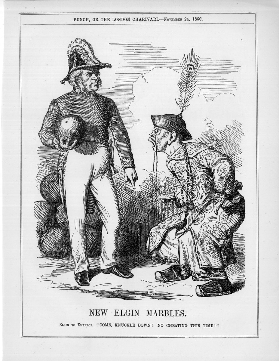stevelorenti's tweet photo. Punch, November 1860. The 8th Earl of Elgin, holding the cannonball, ordered the looting and destruction of the Summer Palace (Yuanmingyuan). His father looted Greece. https://t.co/fkiSl1XzLy