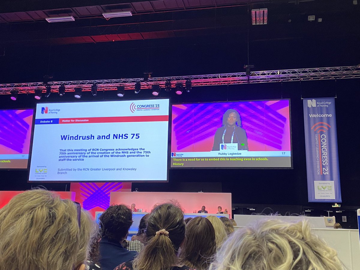 So proud to see our very own @NTUNursing Rubby asking us to remember the history of Windrush in our nursing practice and outside @NTUSocSciences #RCNCongress2023