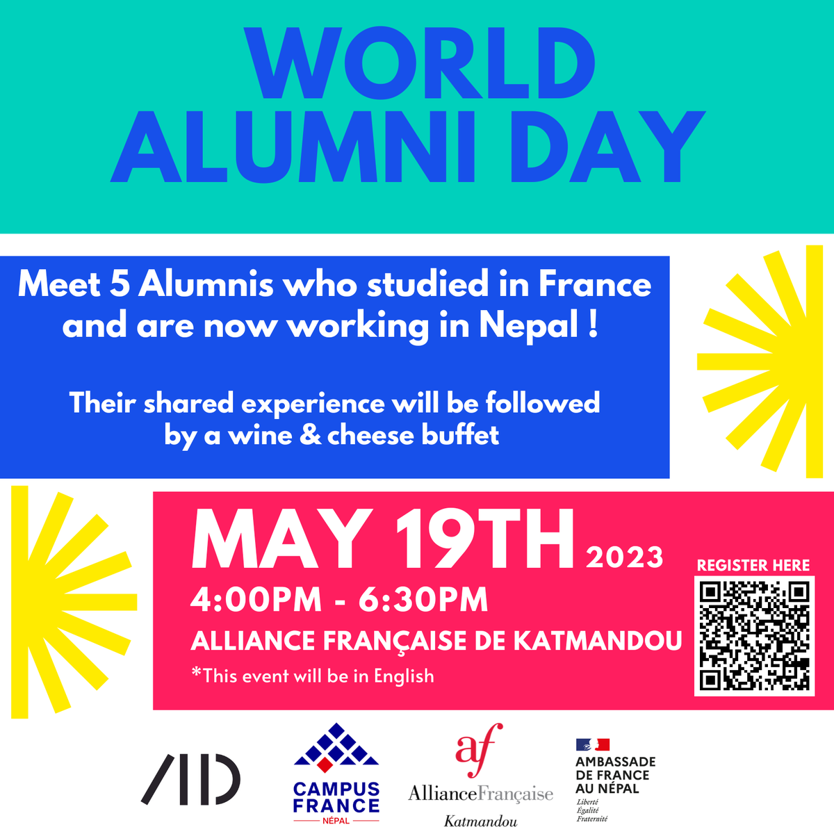 𝗙𝗿𝗮𝗻𝗰𝗲 𝗔𝗹𝘂𝗺𝗻𝗶 𝗗𝗮𝘆 🇳🇵
Let's celebrate the international student experience in 🇨🇵 !

Meet 5 Alumnis who studied in 🇨🇵 and are now working in Nepal !

✨ May 19th - Alliance française de  Katmandou
 
#FranceAlumniDay
Confirm your presence : docs.google.com/forms/d/e/1FAI…