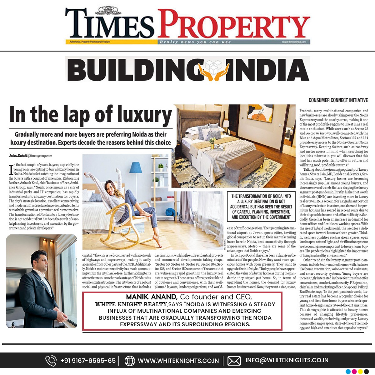 WhiteKnights__'s tweet photo. Mr. MANIK ANAND, Co Founder and CEO, WHITE KNIGHTS REALTY, has been featured in the Times Property! He shares insights on why Noida is becoming the new luxury destination for home buyers.
@timesofindia
#WhiteKnightsRealty #WhiteKnights #CEOHighlight #TimesProperty #TimesOfIndia https://t.co/rBaDxvuNod