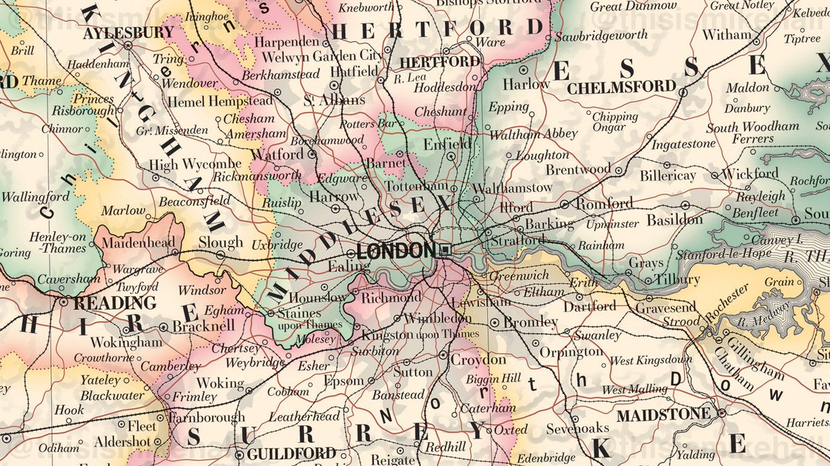 It's #MiddlesexDay, which seems a pertinent opportunity to share this detail of the ancient county (abolished and replaced by the GLC in 1965) in the context of modern-day London.

From my map of the #HistoricCounties of England and Wales, available here: bit.ly/MHEAW22