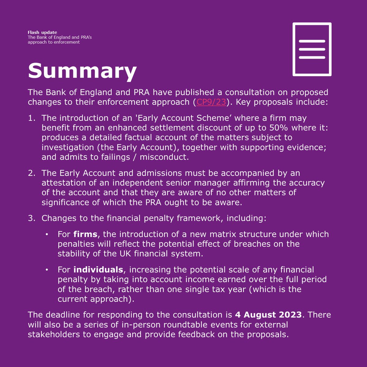 ESfinanciallaw's tweet image. In our latest #FlashUpdate we discuss The Bank of England &amp;amp; PRA&apos;s proposed changes to their enforcement approach.
#FinancialServices