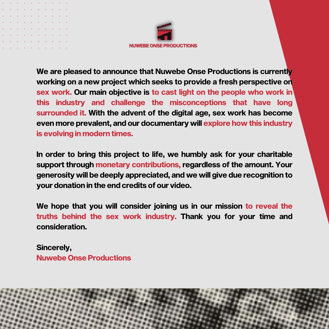 imkccon's tweet photo. Nuwebe Onse Productions is currently working on a documentary project regarding Sex Work Industry.

Join us bring this project into life! Any amount of donation will be appreciated. Tysm!

You can donate on our GCash or Metrobank acc.
Click photos for deets.

#CrowdFunding https://t.co/bc2edXskjR