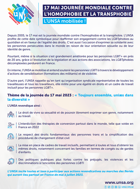 UNSA_officiel's tweet photo. Journée mondiale contre l’homophobie et la transphobie, #UNSA réaffirme son engagement contre les LGBTphobies au quotidien et en faveur de l’égalité des droits.  #17mai 
https://t.co/ijjqqtonho https://t.co/yVzozzqFny