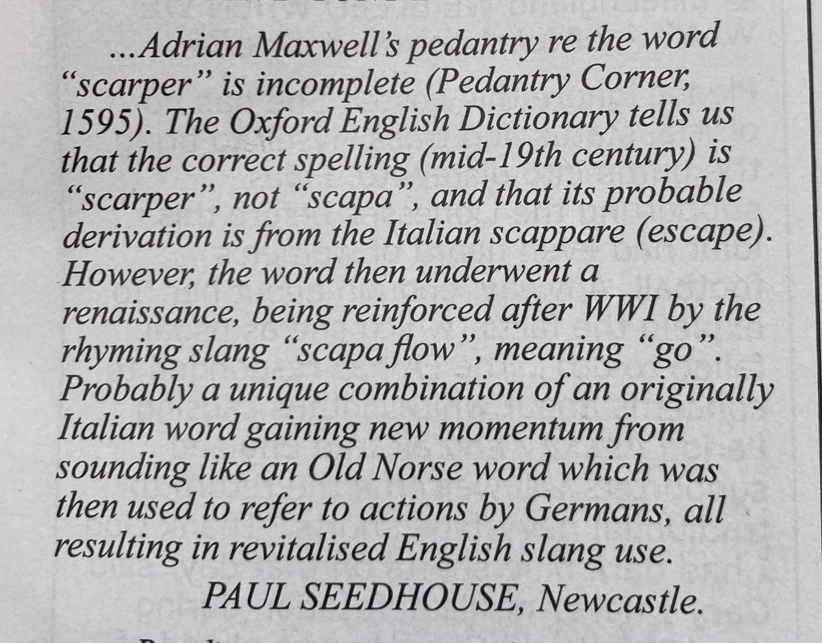 gregjlewis's tweet image. Loving the ongoing discussion in @PrivateEyeNews⁩ letters about the word “scarper”.
It’s a much underused word these days, although those of us who grew up on Ealing comedies and ⁦@CommandoComic⁩ still use it.
#scarper #scapa