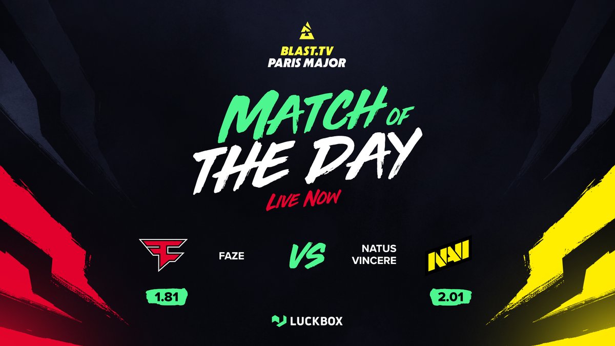 Live Now! 🔴

A head-to-head at the Blast Major's Legends Stage.
<a href="/natusvincere/">NAVI</a> x <a href="/FaZeEsports/">FaZe Esports</a>  It's going to be battle of skills and tactics, streaming live on #Luckbox. Don't miss out... 🚀⚔️

Check here for details... luckbox.com/cs-go/matches/…

#CSGO #BLASTParisMajor2023