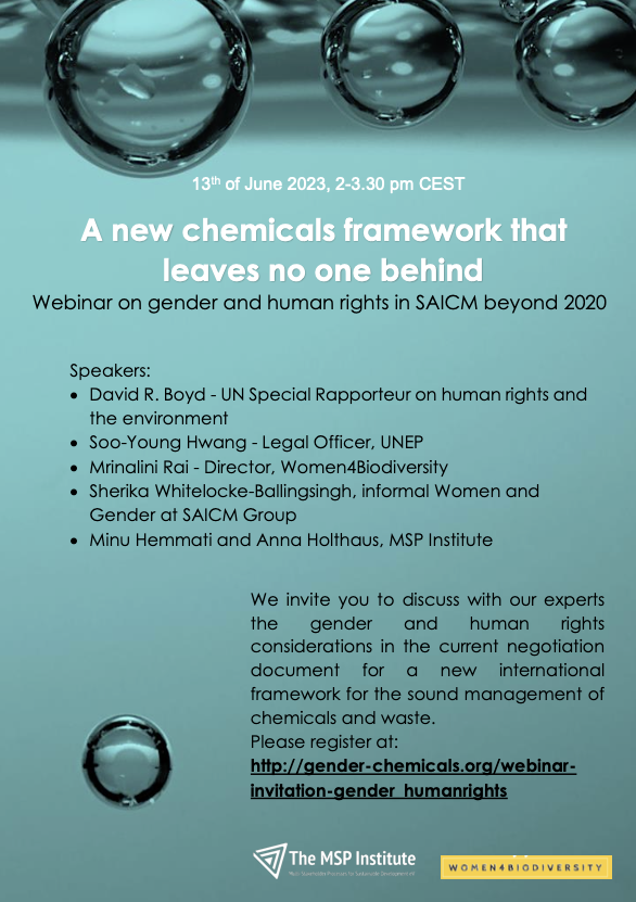 We kindly invite you to join our webinar "A new chemicals framework that leaves no one behind – webinar on gender and human rights in SAICM Beyond 2020" on 13th of June 2023, 2-3.30 pm CEST. 
Please register here: gender-chemicals.org/webinar-invita…
