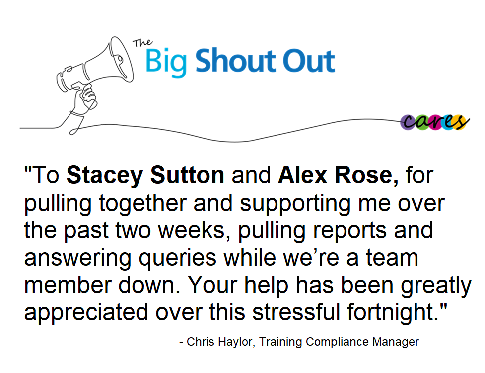 Well done to Stacey and Alex for their Big Shout Out last week! 🤩👏