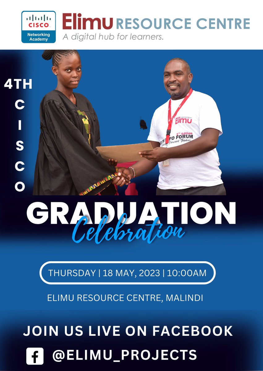 elimu_projects's tweet photo. We welcome you to our 4th Cisco graduation ceremony on May 18th, held at Elimu Resource Centre, Malindi. 
We have so far worked with over 180 young people, preparing them for the future of work by empowering them with #digitalskills.
@CiscoNetworkingAcademy https://t.co/CGJN1lSmly