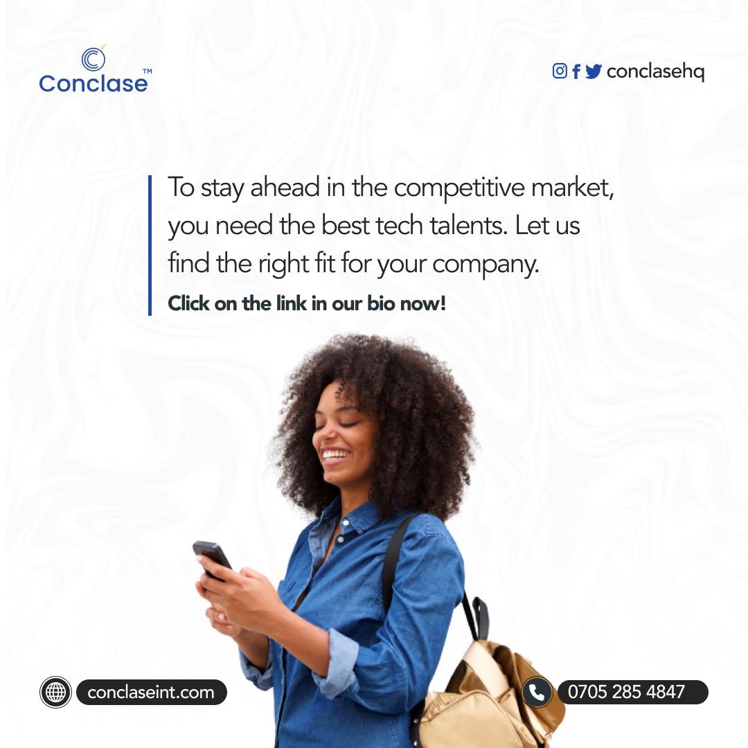 We make tech recruiting easy for you.😊

Call us on 07052854847 today and let’s get talking.

#conclasehq #techrecruiting #techtalent #techstartup #hiringnow #hiring #nowhiring #hiringtalent