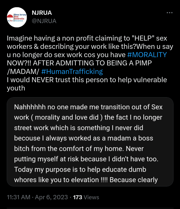 NJRUA IS TRASH NOW
THEY FULL OF SHIT
HOW YOU CLAIM TO LOVE SEX WORKERS & SHIT & SUPPORT USEFUL IDIOT TOKEN #PIMP TRASH LIKE @bridges4_life #tahtiannafermin who talks like this about current sex workers 
We need to let this garbage know sex workers don't support pimps