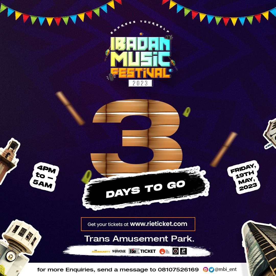 Who’s excited!! 💃💃💃 Just 3 more days to the Biggest Music Festival in the City of Ibadan, A show you don’t wanna miss! 💃💃💃

Plus we’ll be giving out Free Tickets Today! Stay glued and watch this space 😊⚡️⚡️

<a href="/MBI_ENT/">MBI Entertainment RIGHT ON TIME EP out now 🔥</a>