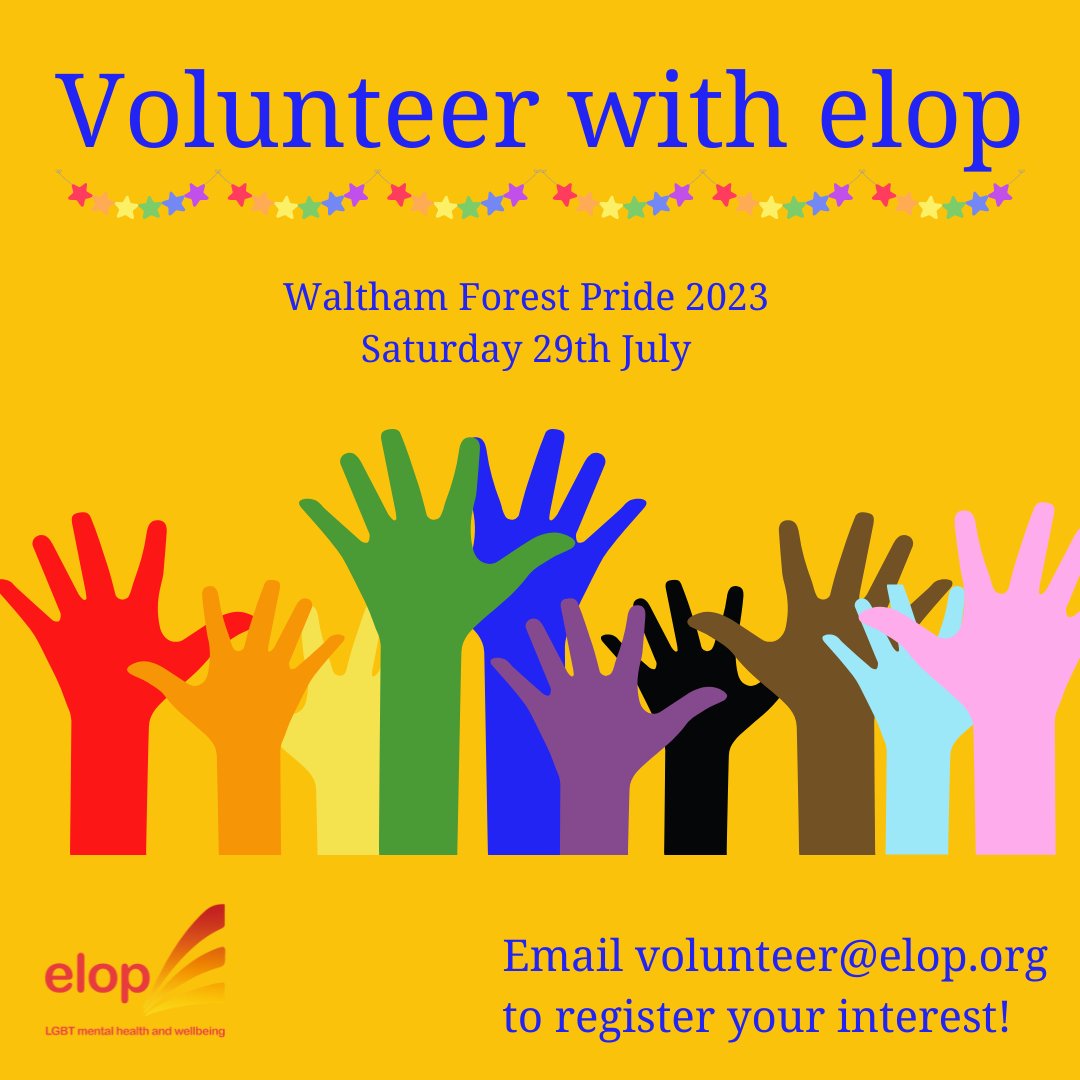 This Waltham Forest Pride, roll up your sleeves and get stuck in! We have a huge variety of exciting opportunities to volunteer at Waltham Forest Pride on Saturday 29 July. Register your interest  by emailing volunteer@elop.org 
<a href="/wfcouncil/">Waltham Forest Council</a> <a href="/our_wf/">Waltham Forest Communities & Participation Team</a> <a href="/Leytonstone_Art/">LeytonstoneArtsTrail</a> <a href="/LBWFculture/">Waltham Forest Culture</a>