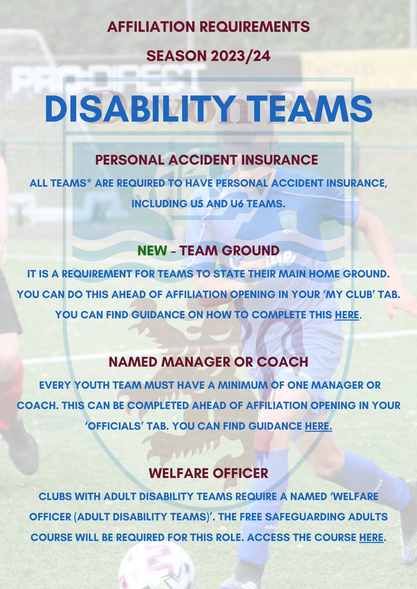 Disability Teams are required to have the following in place, in order to affiliate for the 2023-24 season 👇

For any questions, please email - affiliations@devonfa.com 📩

#DevonFootball