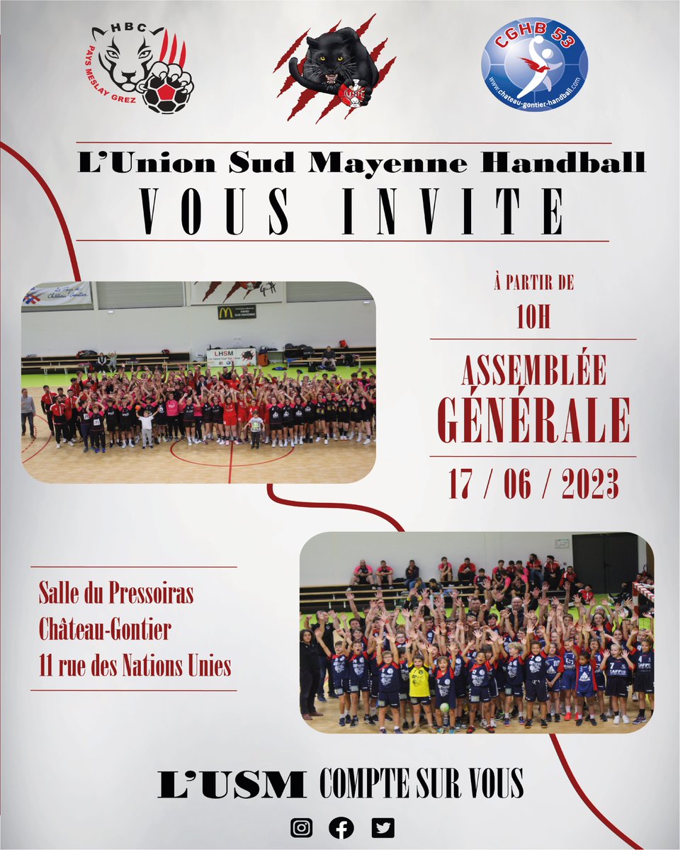 Parce que le club c’est vous 💗

Notez dès maintenant la date de l’Assemblée Générale de l’USM qui se tiendra le samedi matin 17 juin, à la salle du Pressoiras. 

On compte sur vous pour partager ensemble un dernier moment de convivialité autour du handball, avant l’été !!  ☀️