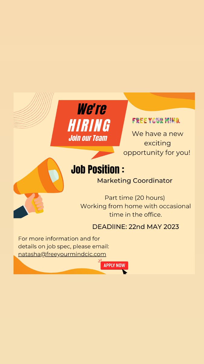 FREEYOURMINDCIC's tweet photo. 📢JOB OPPORTUNITY 📢

Come and join our lovely team! 💛

Role: Marketing Coordinator 
Part-Time (20 hours) 
Deadline- 22nd May 2023 
Location- South Woodford, London 

PLEASE SHARE!! https://t.co/XGsto46Inv