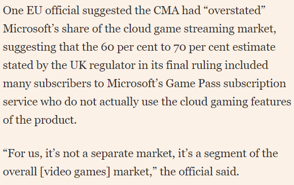 tomwarren's tweet photo. the EU thinks the CMA has overstated Microsoft's 60-70% market share of cloud gaming, according to @FT. The CMA previously miscalculated a financial model around Call of Duty https://t.co/Uumj7F4lEx https://t.co/MdUpCCY16H