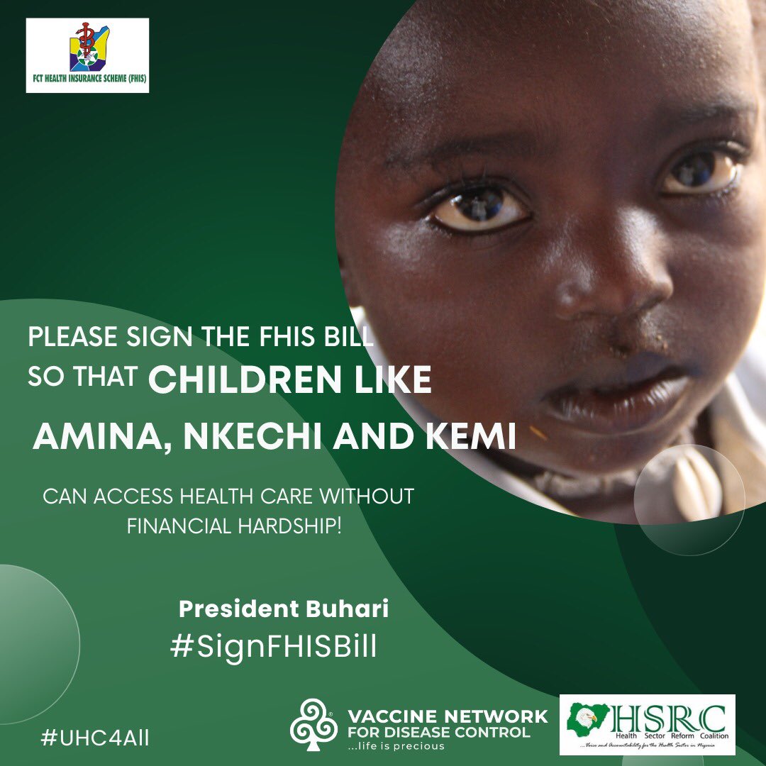 My people, did you know that the FCT has always had a social health protection system for its residents but today it is yet to be activated unless the president signs the bill.
 
#SignFHISBill

Cc <a href="/MBuhari/">Muhammadu Buhari</a> <a href="/DrEOEhanire/">Dr. E. Osagie Ehanire MD, FWACS</a> <a href="/ProfOsibanjo/">Prof. Yemi Osibanjo</a>