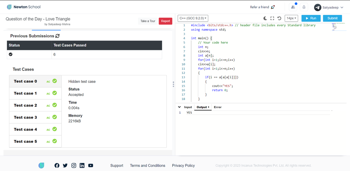 Satyadeep_'s tweet photo. Hello everyone, I completed #Day32 of #101DaysofCode challenge conducted by
@NewtonSchoolHQ.
Problem name - Love Triangle
My discord id - Sat#4607
Join the NewtonSchool community -https://t.co/UdVEXNm8Yl
#nsdiscord #codewithns #101daysofcodens https://t.co/SNlx4W3ArJ