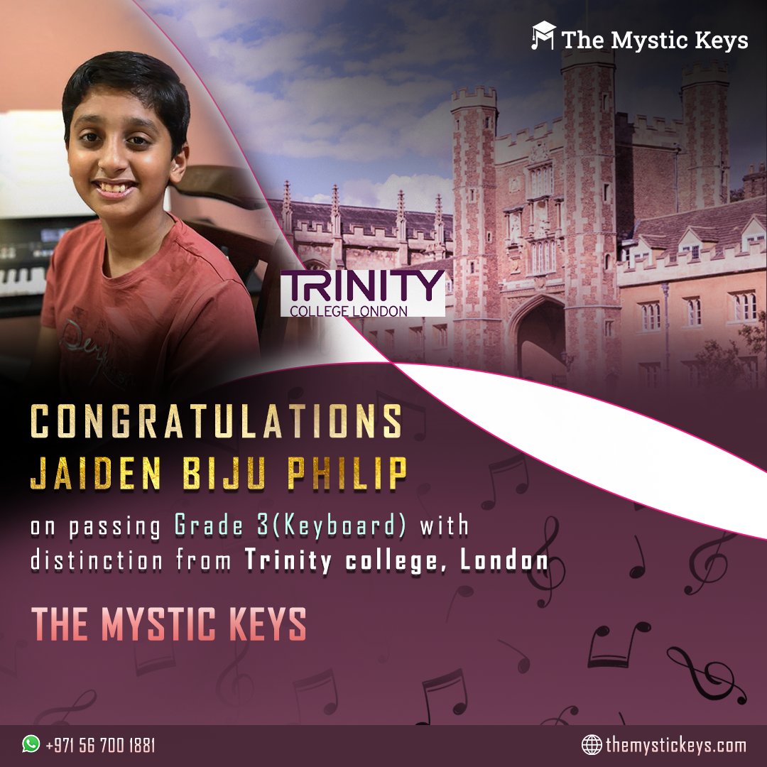 Congratulations Jaiden Biju Philip on successfully passing Grade 3 (Keyboard) with distinction from Trinity College, London.

#musicclassesonline #trinitycollege #trinity #trinitycollegelondon #musicexams #achievement #musiclessons #distinction #musicpreparation #musiceducation
