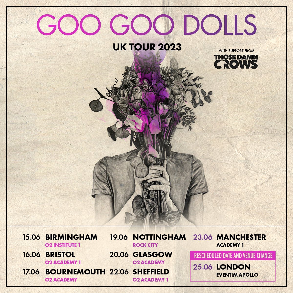 Won’t be long now folks until our next U.K. Tour, which will starting in a months time across the country with the legendary <a href="/googoodolls/">Goo Goo Dolls</a> !

Make sure you get yourselves a ticket at the usual place 👇🏻 

thosedamncrows.com

We’ll see you there 👋🏻