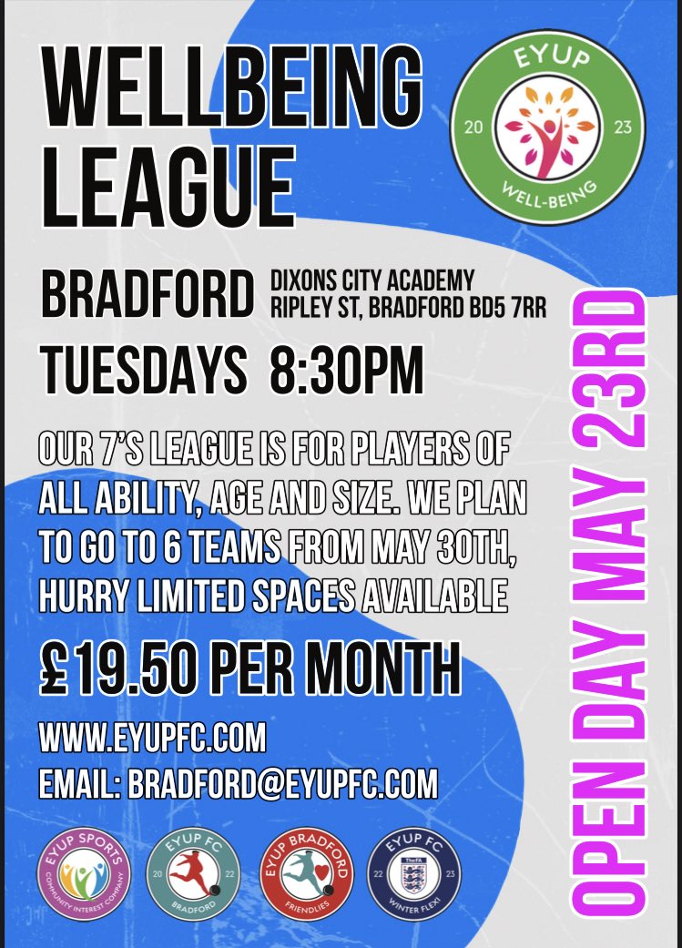 Dan (@dannyhlms2) on Twitter photo Good competitive 7-aside league for people of all standards, shapes and sizes in Bradford.
Games last 50 minutes, rolling subs.
Good laugh and good exercise with a good bunch of guys.
<a href="/officialbantams/">Bradford City AFC</a> <a href="/Bradford_TandA/">Telegraph & Argus</a> <a href="/OfficialBullsRL/">Bradford Bulls</a> <a href="/BPAFCOfficial/">Bradford (Park Avenue) AFC</a> Good competitive 7-aside league for people of all standards, shapes and sizes in Bradford.
Games last 50 minutes, rolling subs.
Good laugh and good exercise with a good bunch of guys.
<a href="/officialbantams/">Bradford City AFC</a> <a href="/Bradford_TandA/">Telegraph & Argus</a> <a href="/OfficialBullsRL/">Bradford Bulls</a> <a href="/BPAFCOfficial/">Bradford (Park Avenue) AFC</a>