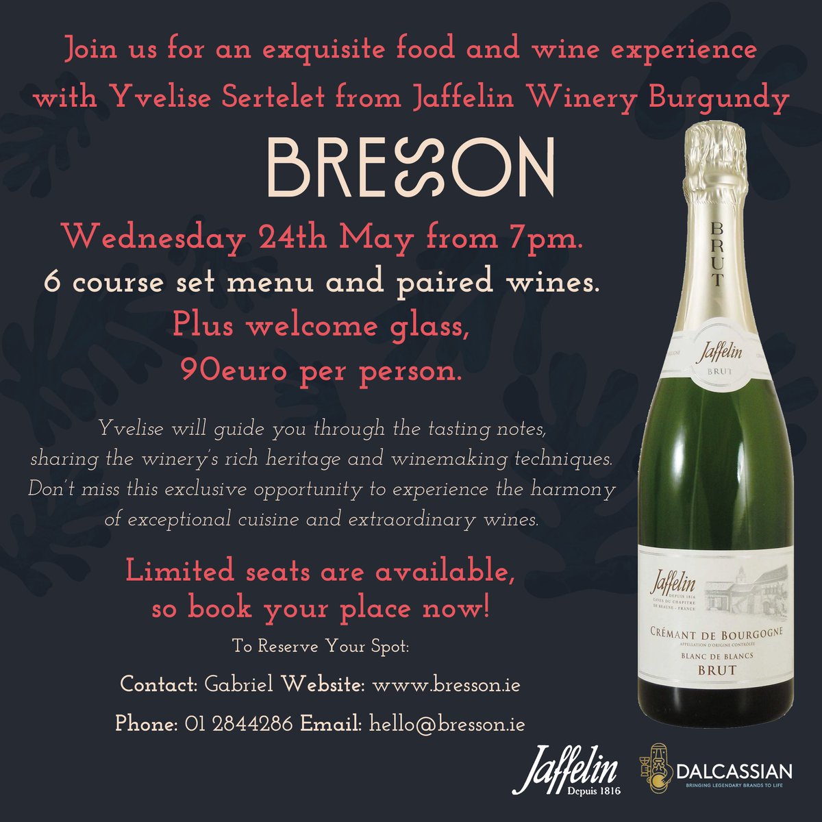 Bresson (@bresson_ie) on Twitter photo Do check out this event next week at Bresson with <a href="/Dalcassianwine/">Dalcassian</a> - excellent value too I may add. Limited numbers too so please book soon. Do check out this event next week at Bresson with <a href="/Dalcassianwine/">Dalcassian</a> - excellent value too I may add. Limited numbers too so please book soon.