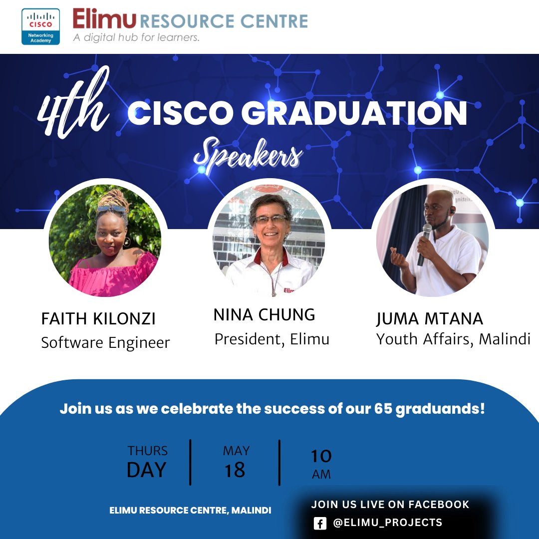 Meet the speakers for Elimu's Cisco Graduation Ceremony. We will be discussing how to connect young people to meaningful opportunities.
We shall be live on Facebook so you can join us. 
#kilifi #youthaffairs #digitalskills