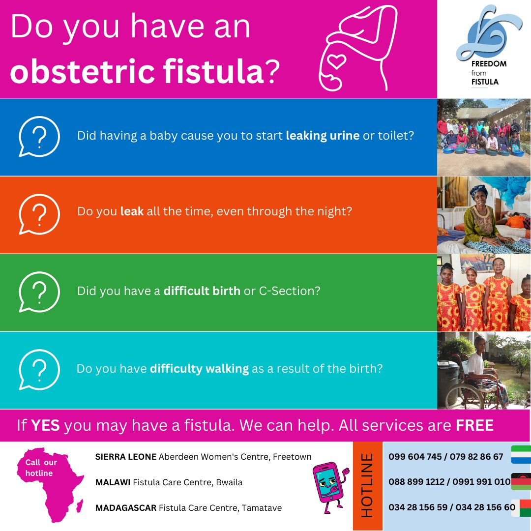 WeFixFistulas's tweet photo. Do you suspect you, or someone you know, has an obstetric fistula?

We provide FREE surgeries in Sierra Leone, Malawi and Madagascar

Call our hotline for more information.

#endtheshame #restoringdignity #endfistula #madagascar #tamatave #malawi #bwaila #sierraleone #freetown https://t.co/AiPzftwuo2