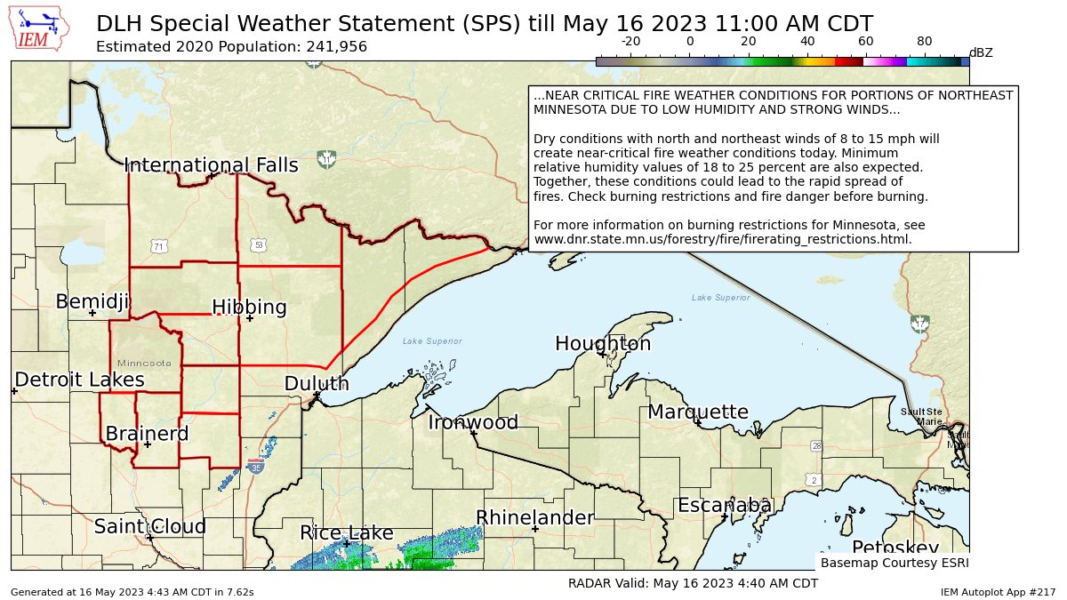 NEAR CRITICAL FIRE WEATHER CONDITIONS FOR PORTIONS OF NORTHEAST MINNESOTA DUE TO LOW HUMIDITY AND STRONG WINDS for Central St. Louis, Crow Wing, Koochiching, North Cass, North Itasca, North St. Louis, Northern Aitkin, Northern Cook/... till 11:00 AM CDT https://t.co/kt6heflB4m https://t.co/hiqlsiuvxt