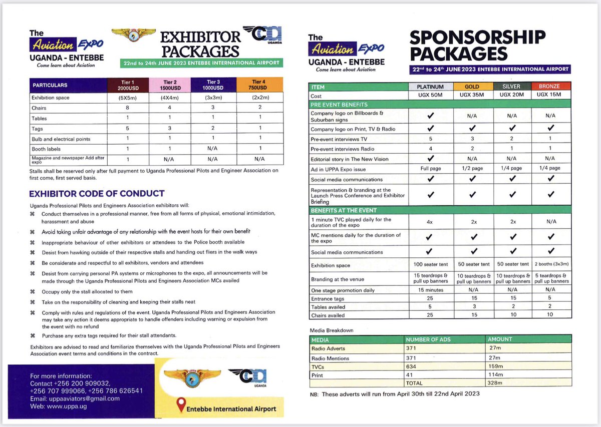 Are you interested in exhibiting or sponsorship during The Aviation Expo? Here are our packages for all interested parties! The packages are open to anyone….tell a friend to tell a friend….Come 22nd June, we are at Entebbe for the Aviation Expo! #UGAviationExpo #UPPA