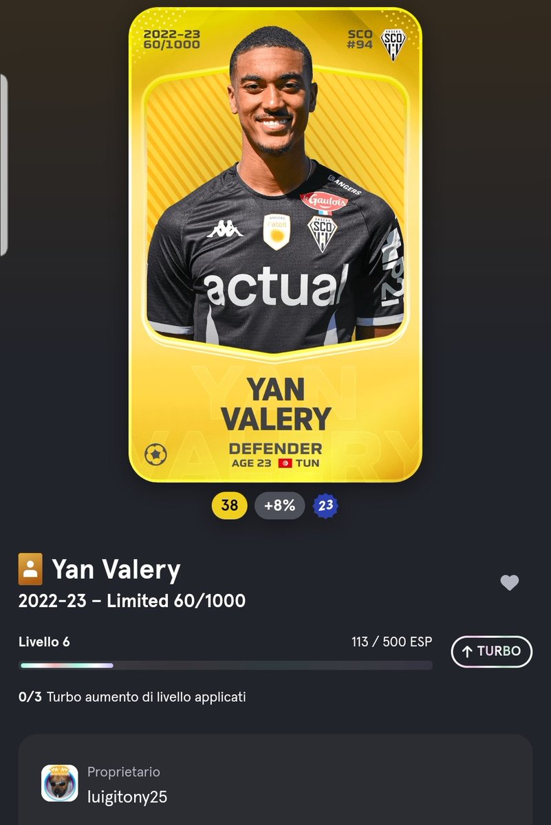 Welcome to the team Yan Valery of #Angers #Ligue1 
#Ligue2 2023/24

Subscrive and #playtoearn 
sorare.com/r/luigitony25-…

#Sorare #France #Francia #calcio #football #Fantacalcio #FantasyFootball #gaming #Minting #NFT #NFTs #NFTCommunity #Crypto #eth #play #Play2Earn #soccer
