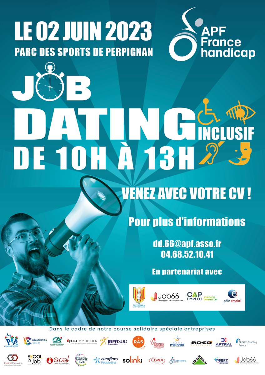 Le 2 juin 2023, en parallèle de notre Course Solidaire Spéciale Entreprises, aura lieu de 10h à 13h un jobdating inclusif, au Parc des Sports de Perpignan.
Sont proposés, des postes de : nettoyage, informatique, logistique, agroalimentaire ...
