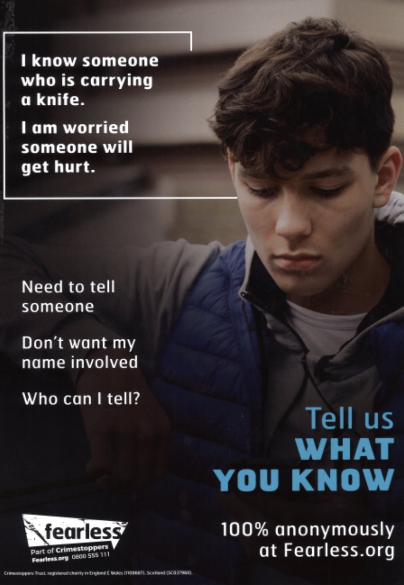 #KnifeCrimeAwarenessWeek: #Fearless is a youth service @CrimestoppersUK empowering YP to speak up about crime, enabling YP to pass on info 100% anonymously, 24hrs/7 days wk. If you know someone who is forced to carry a weapon/drugs pls report.
#SpotTheSigns
#SpeakUp
#PreventCrime