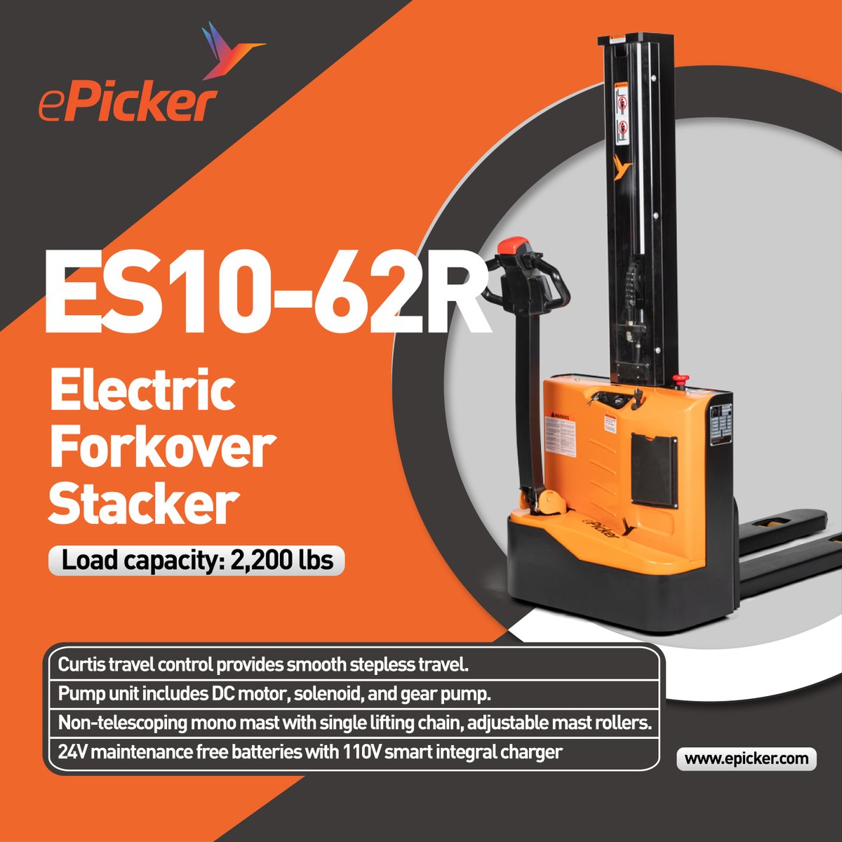 ePickerLifts's tweet photo. The  ES10-62R - ePicker Forkover Stacker. This stacker is designed to economically transport and lift pallets or skids in the tightest areas possible.  A class 3 stacker with an economical mobile work platform that can operate in manufacturing areas less than seven feet tall. https://t.co/1rMOsK78KR