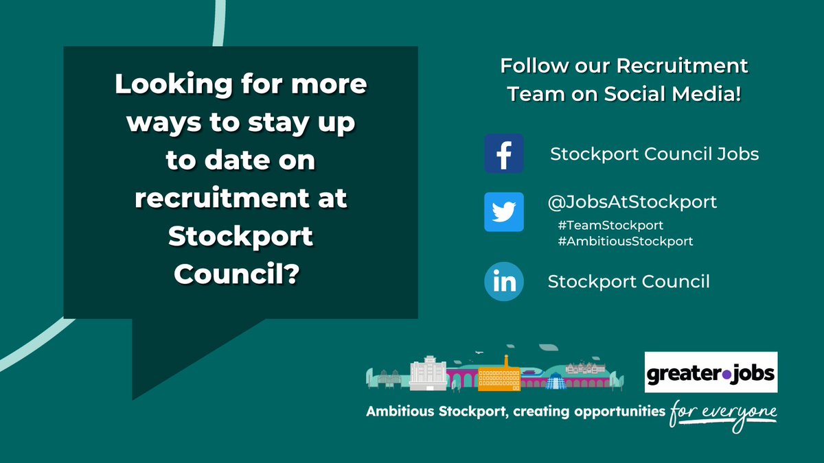 Follow us on Social Media! 📱 💻  

Check out our #SocialMedia for #vacancies, #RecruitmentEvents &amp; find out more about being part of #TeamStockport

Facebook 👉 orlo.uk/hUpQL
Twitter 👉 orlo.uk/WH2Q1
LinkedIn 👉  orlo.uk/naZyK

#AmbitiousStockport
