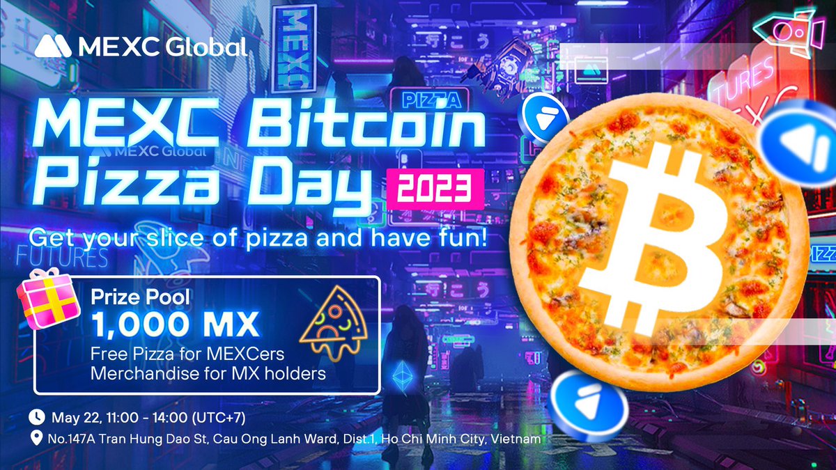 We're going to have an offline meetup on May 22, the well-known #BitcoinPizzaDay in HCM City, Vietnam 🇻🇳

500 $MX for grabs 👇
1⃣️Follow &amp; RT  @MEXC_Global 
2⃣️Like &amp; Comment #MEXCBitcoinPizzaDay
3⃣️Fill out: forms.gle/e2r7GNbiQ9kaK3…

Event details: mexc.com/landings/Pizza…
