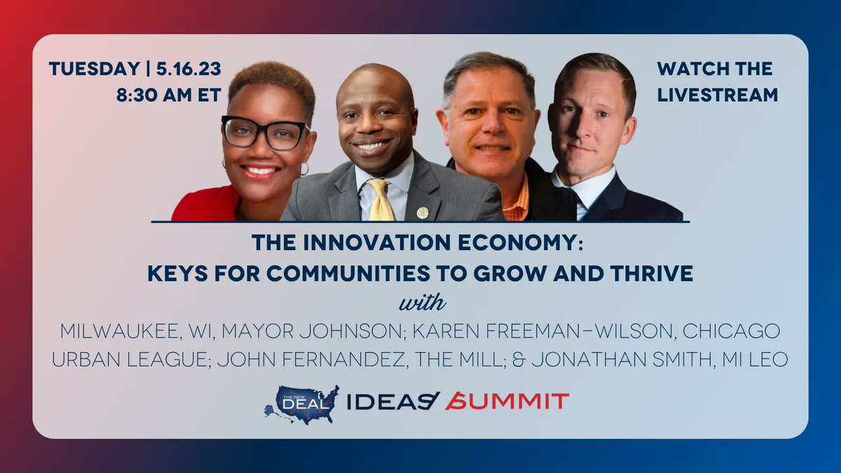 We’re starting our morning with a discussion on the innovation economy with #NewDEALer @MayorOfMKE <a href="/CavalierJohnson/">Cavalier Johnson</a>, <a href="/dimension_mill/">The Mill</a>’s <a href="/JRFernandez60/">John Fernandez</a>, <a href="/ChiUrbanLeague/">Chicago Urban League</a>’s <a href="/karenaboutgary/">Karen Freeman Wilson</a>, and <a href="/MichiganLEO/">Michigan Dept. of Labor and Economic Opportunity</a>’s <a href="/jonathan_smith/">Jonathan Smith</a>. Watch it here: newdealleaders.org/events/ideas-s…