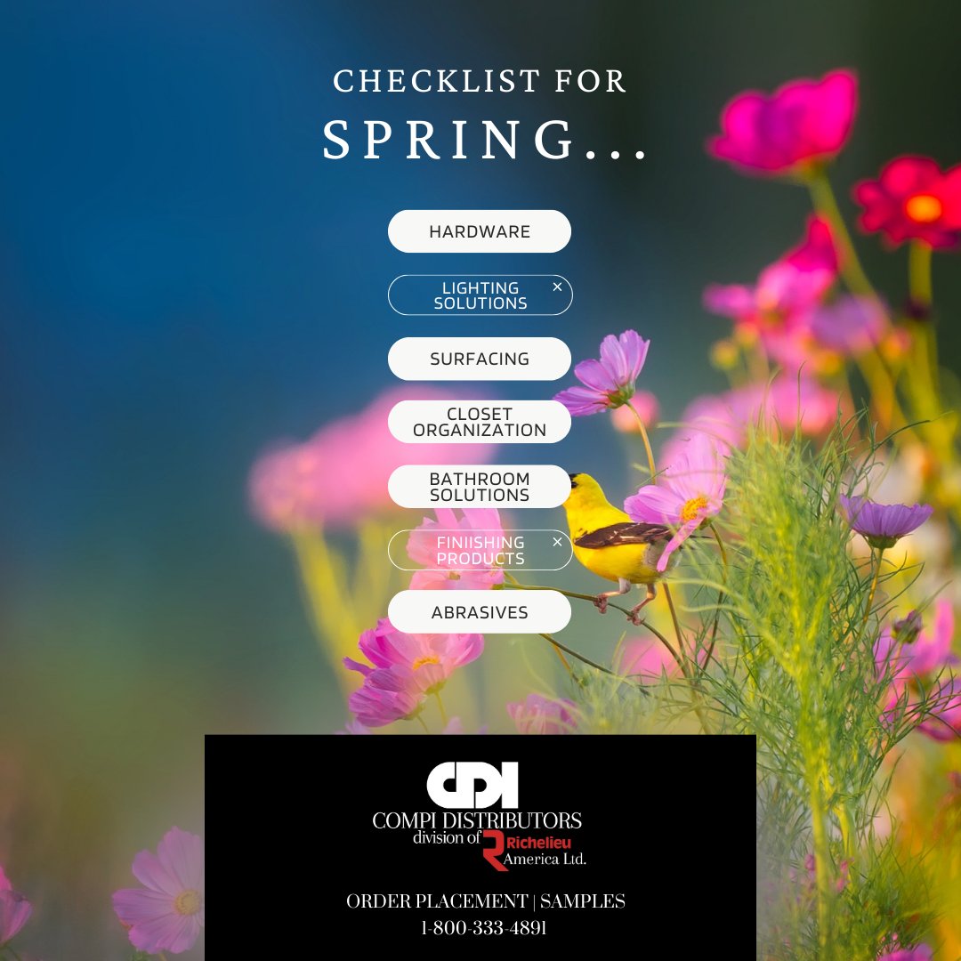 CompiDistInc's tweet image. Checking that list off for Spring!  Let us help 24/7 online or phone always!
Compi Distributors, a Division of Richelieu America LTD.
Website | CompiDistributors.com
Website | Richelieu.com
Phone| 1-800.333.4891
