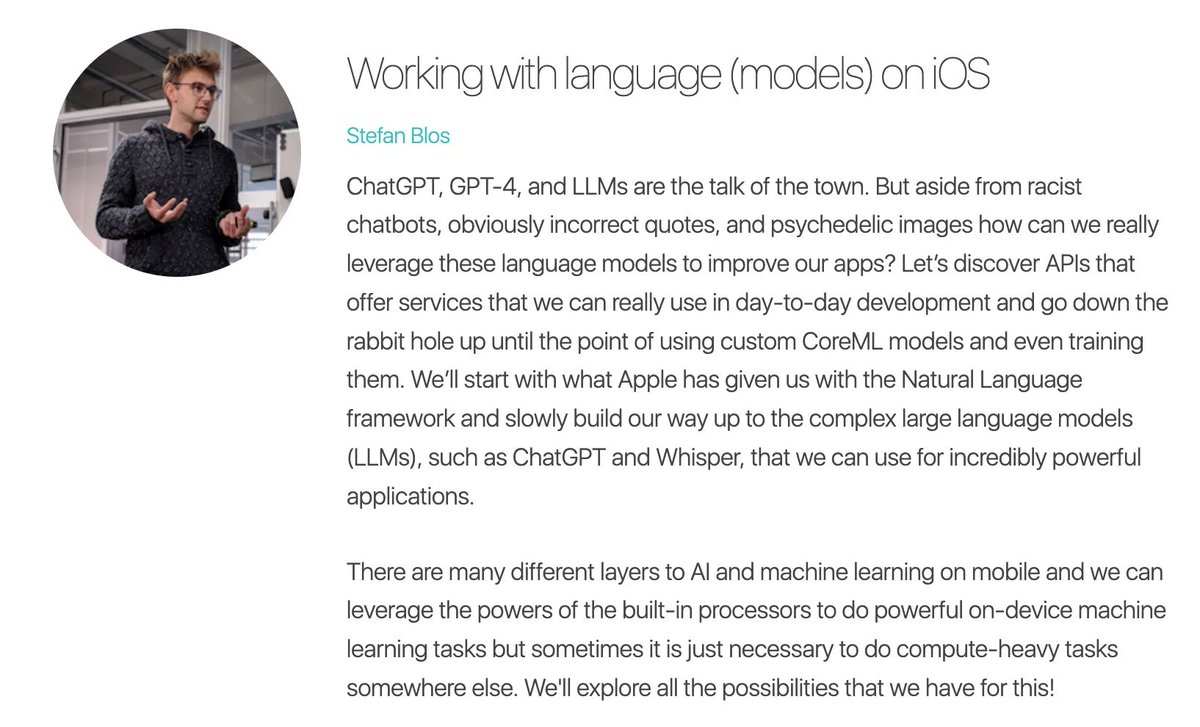 tryswiftnyc's tweet image. There are many different layers to #AI and #MachineLearning on mobile. Explore the possibilities at @stefanjblos' #tryswiftnyc workshop this September in #NYC 📲 #SwiftLang #ChatGPT #OpenAI #iOSDev #MobileDev tryswift.co/events/2023/ny…