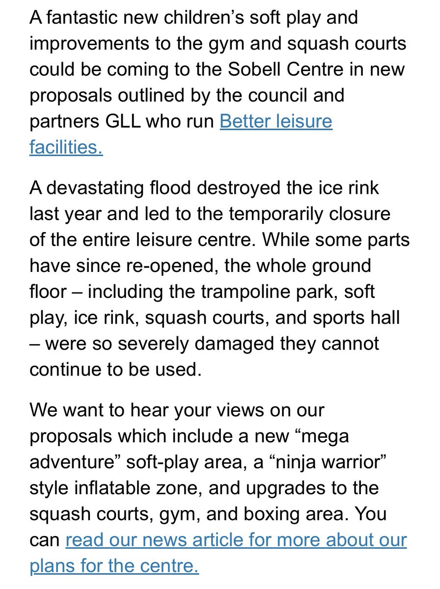 greenbenali's tweet photo. Islington Council is still consulting on the future of the Sobell Ice Rink

Emailing residents with the kind of message below makes it seem a forgone conclusion

It does not make it seem like the council is open to ideas to save the rink. Very disappointing https://t.co/XKVNPhwW9K