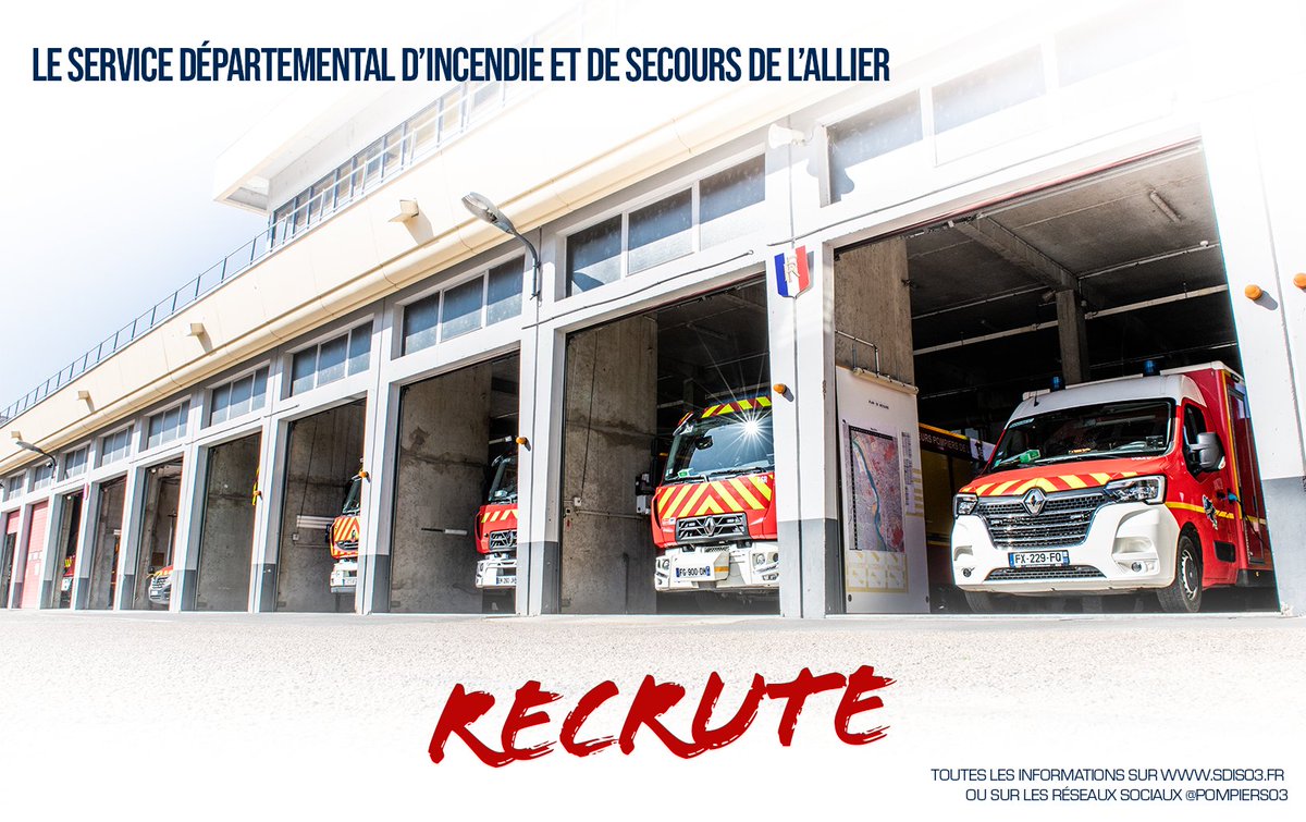 📩 Le SDIS de l’Allier recrute : ➡️ Des officiers de sapeurs-pompiers professionnels. ➡️ Des personnels administratifs techniques et spécialisés. 🚀Trouvez le poste qui vous convient ici : sdis03.com/recrutements/