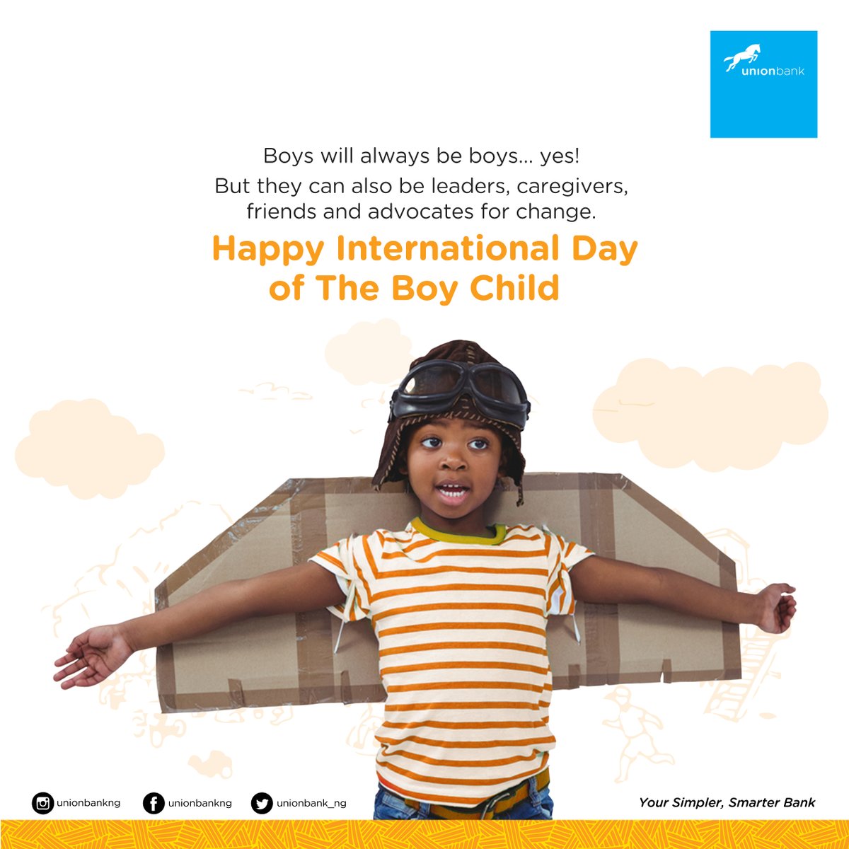 UNIONBANK_NG's tweet photo. Boys can be boys, exploring and embracing their curiosity. But they can also be leaders, inspiring change, and making a positive impact.

Let's celebrate the limitless potential of boys on this #InternationalDayoftheBoyChild.

Happy International Day of the Boy Child! https://t.co/PFYVnzwBRM